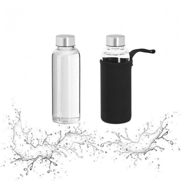 Relaxdays - Trinkflasche Glas 360ml Schwarz/Silber/Transparent, 2er Pack