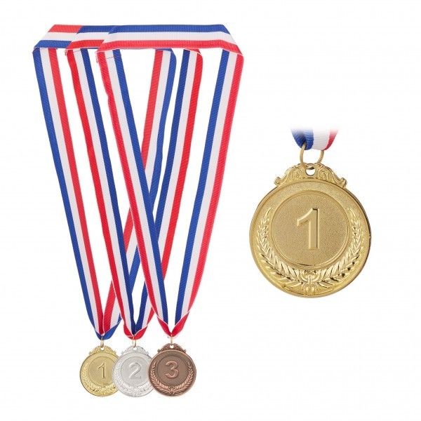 Relaxdays - 3er Set Medaille für Kinder, ca. 45 cm, Gold/Kupfer/Silber