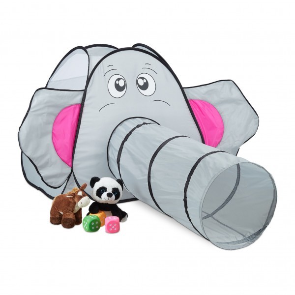 Relaxdays - Pop Up Spielzelt Elefant, Grau/Pink/Schwarz, ca. 92 x 155 x 200 cm
