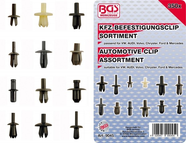 BGS - Kfz-Befestigungsclip-Sortiment für VW, Audi, Volvo, Chrysler, Ford, Mercedes-Benz 350-tlg.