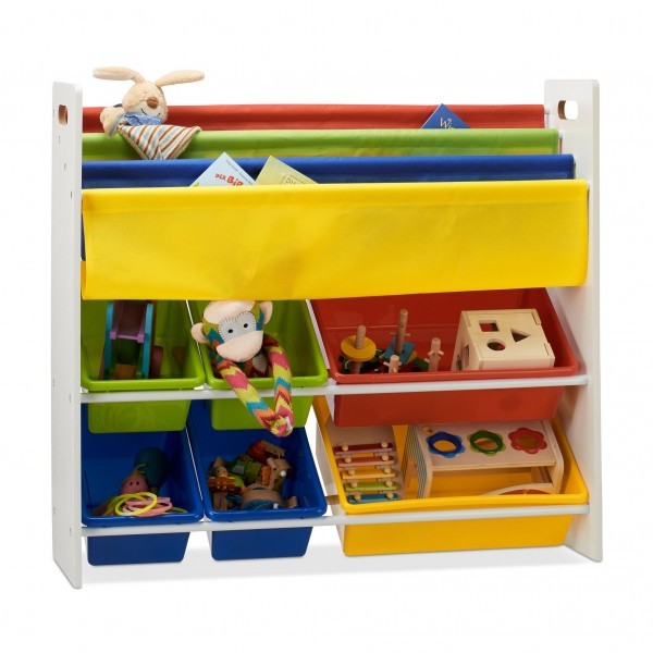 Relaxdays - Kinderregal für Bücher und Spielsachen, Blau/Rot/Weiß