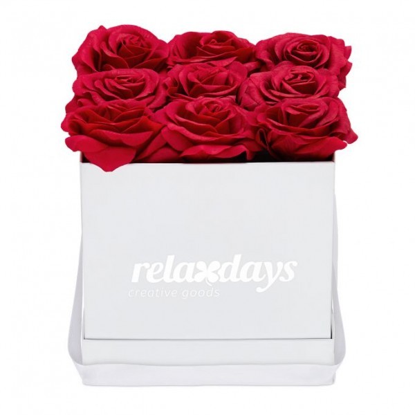 Relaxdays - Weiße Rosenbox eckig mit 9 Rosen, Rot/Weiß