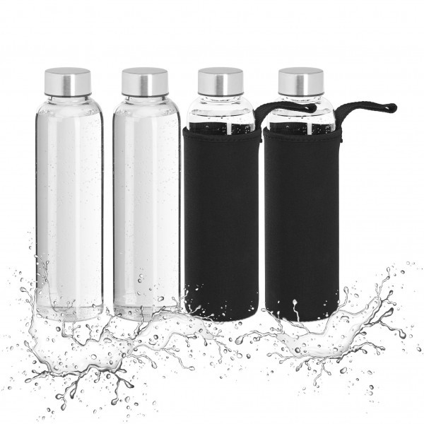 Relaxdays - 4er Set Trinkflasche 500 ml, Schwarz/Silber/Transparent, ca. 23,5 x 6,5 cm