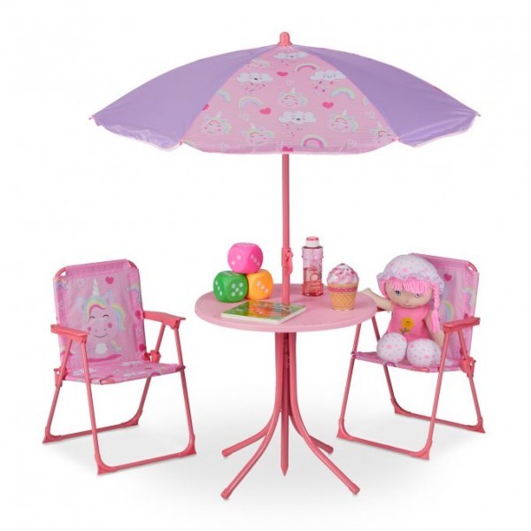 Relaxdays - Camping Kindersitzgruppe mit Schirm, Pink - Einhorn