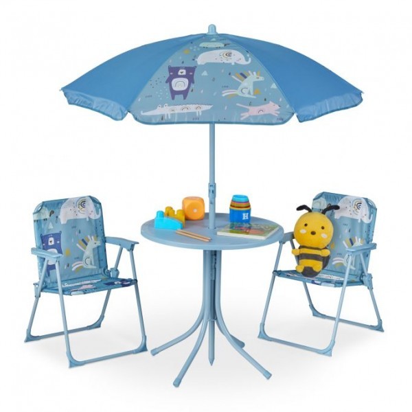 Relaxdays - Camping Kindersitzgruppe mit Schirm, Blau - Tiere