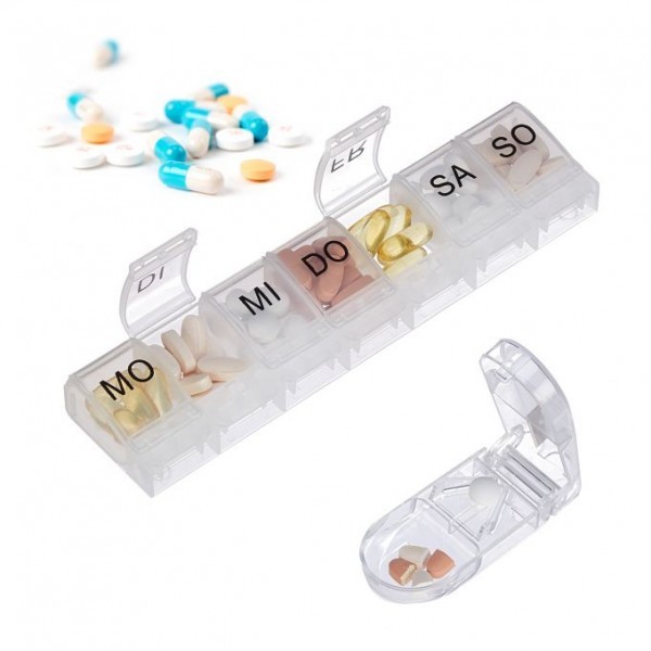 Relaxdays - Medikamentenbox mit Tablettenschneider, Transparent