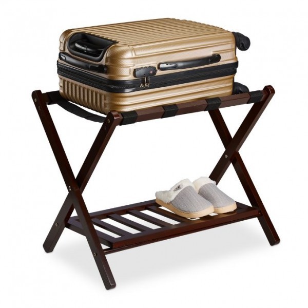 Relaxdays - Kofferständer klappbar mit 2 Ablagen, ca. 54,5 x 66 x 44,5 cm, Dunkelbraun/Schwarz