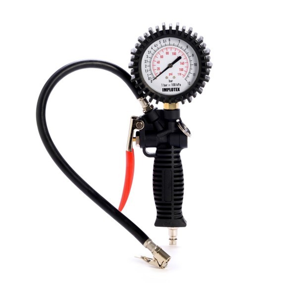 IMPLOTEX - Reifenfüllmessgerät Manometer Luftdruckprüfer Reifendruckmesser Reifendruckprüfer Messbereich 0-12 bar, Schlauchlänge 400 mm