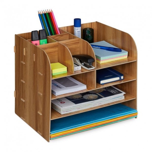 Relaxdays - Schreibtisch Organizer mit Ablagefächern, Braun, ca. 27,5 x 32,5 x 25 cm