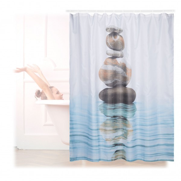 Relaxdays - Duschvorhang Steine auf Wasser 180x180cm, Braun/Hellblau/Weiß