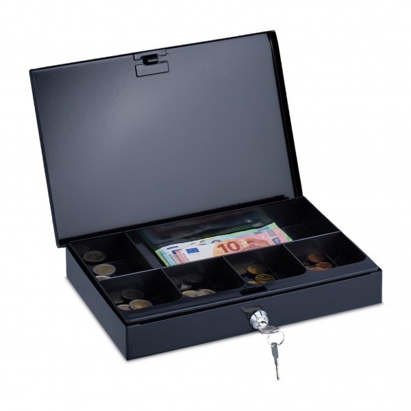 Relaxdays - Flache Geldkassette mit 2 Schlüsseln, ca. 4,5 x 30 x 20,5 cm, Schwarz/Silber